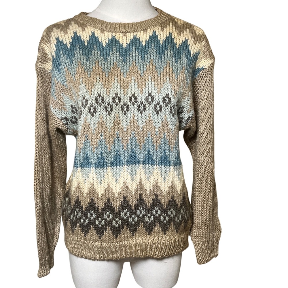 Hand Knit Ramie Blend Chevron Sweater Blue Beige One Step Up Korea M Vintage